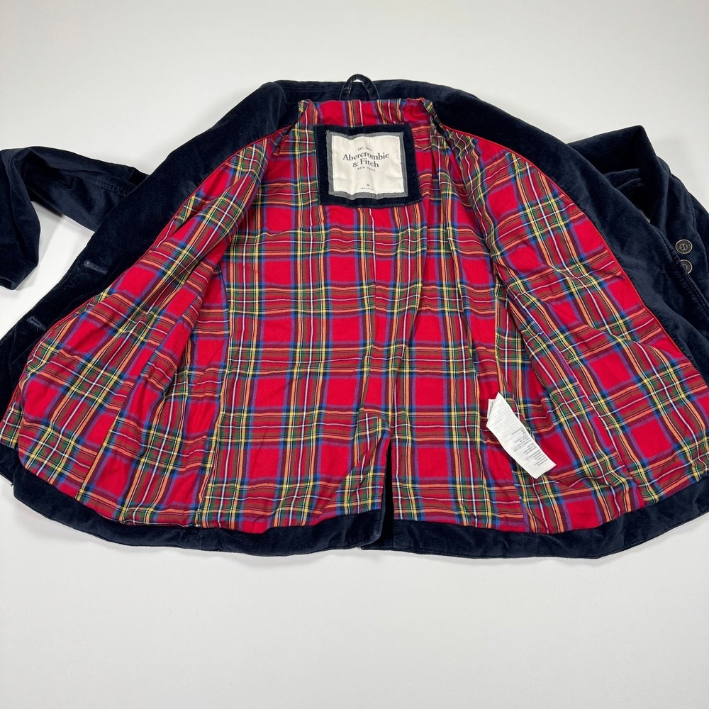 Abercrombie & Fitch Velvet Blazer Womens M Blue Crest Patch Preppy Plaid Lined - Picture 12 of 16